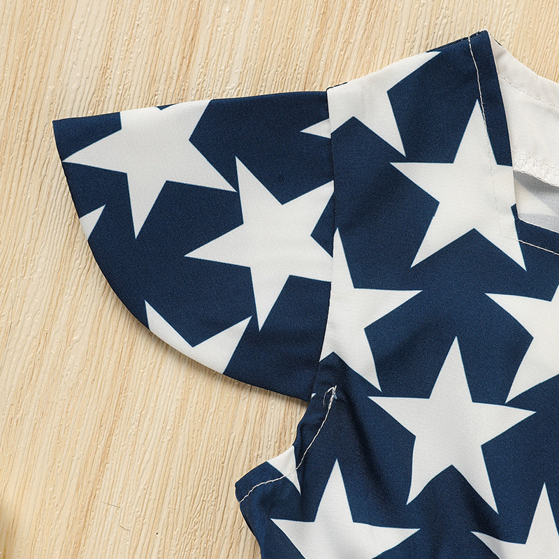 US Local Toddler Girls' Independence Day Dress Red White & Blue Stripes And Stars Short Sleeve Twirl Dress 4th Of July