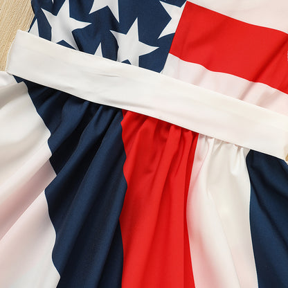 US Local Toddler Girls' Independence Day Dress Red White & Blue Stripes And Stars Short Sleeve Twirl Dress 4th Of July