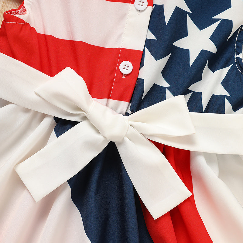 US Local Toddler Girls' Independence Day Dress Red White & Blue Stripes And Stars Short Sleeve Twirl Dress 4th Of July