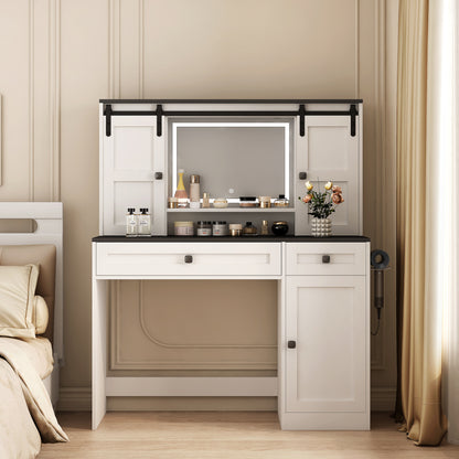 US Local Farmhouse Dressing Table Makeup Table,  Wide Dressing Table With Lighted Mirror And Makeup Drawer, Large Modern Dressing Table Set With Hair Dryer Holder For Bedroom, White