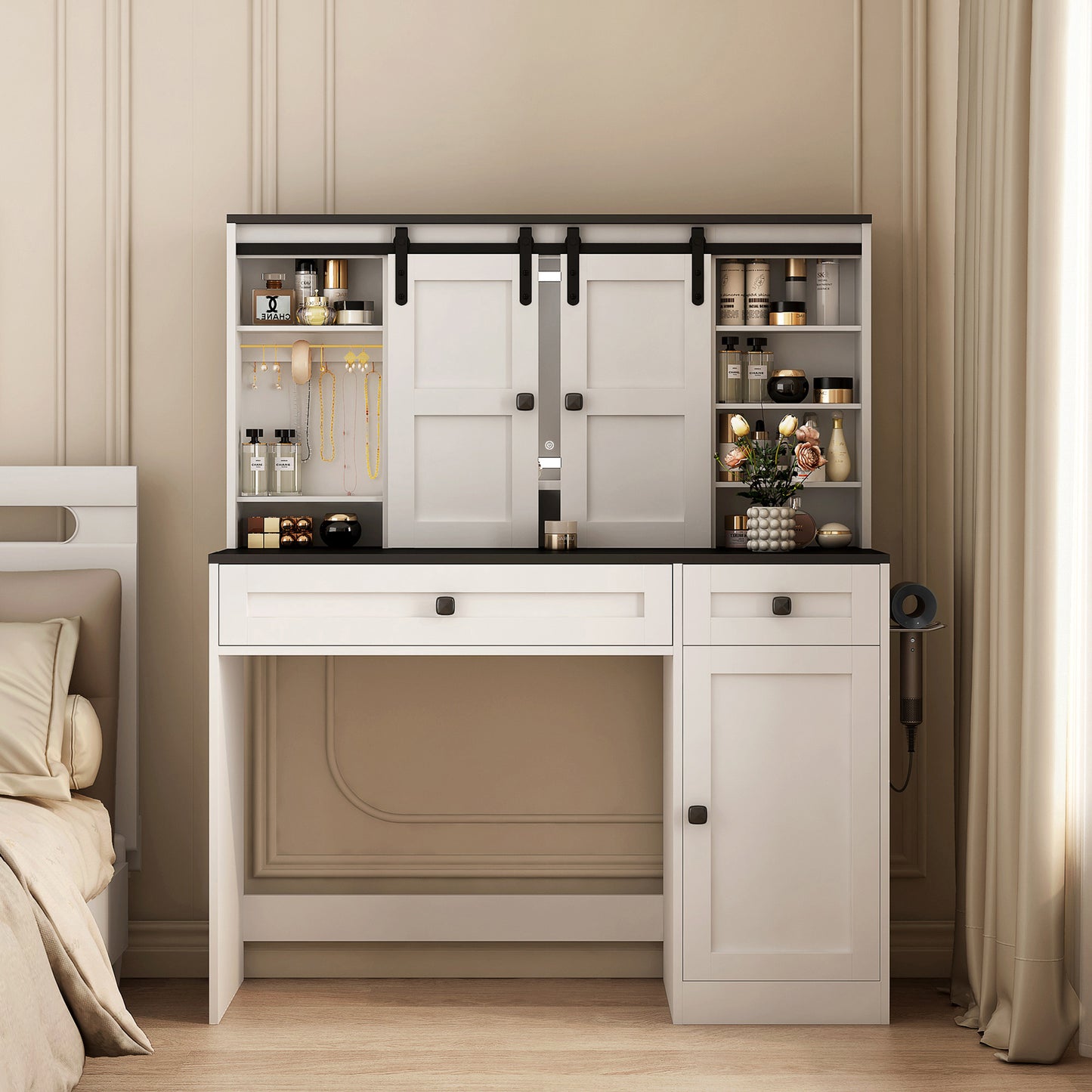 US Local Farmhouse Dressing Table Makeup Table,  Wide Dressing Table With Lighted Mirror And Makeup Drawer, Large Modern Dressing Table Set With Hair Dryer Holder For Bedroom, White