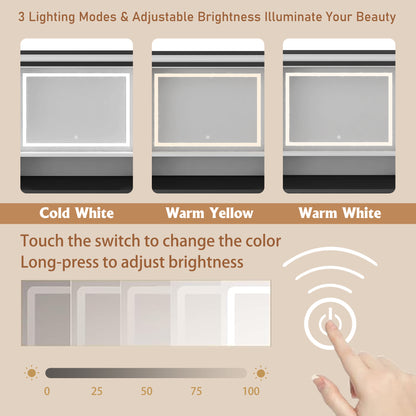 US Local Farmhouse Dressing Table Makeup Table,  Wide Dressing Table With Lighted Mirror And Makeup Drawer, Large Modern Dressing Table Set With Hair Dryer Holder For Bedroom, White