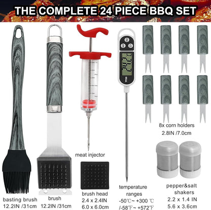 US Local Grilljoy 24PCS BBQ Grill Tools Set With Meat Thermometer And Injector - Extra Thick Stainless Steel Fork, Spatula& Tongs - Complete BBQ Accessories In Aluminum Case - Perfect Grill Gifts For Men
