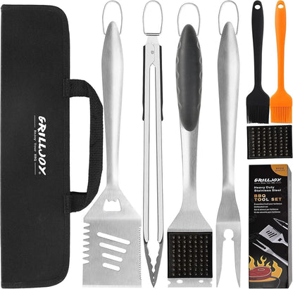 US Local Grilljoy 8PCS Heavy Duty BBQ Grill Tools Set With Extra Thick Stainless Steel Spatula, Fork, Tongs & Cleaning Brush - Complete Barbecue Accessories Kit With Portable Bag - Perfect Grill Gifts For Men