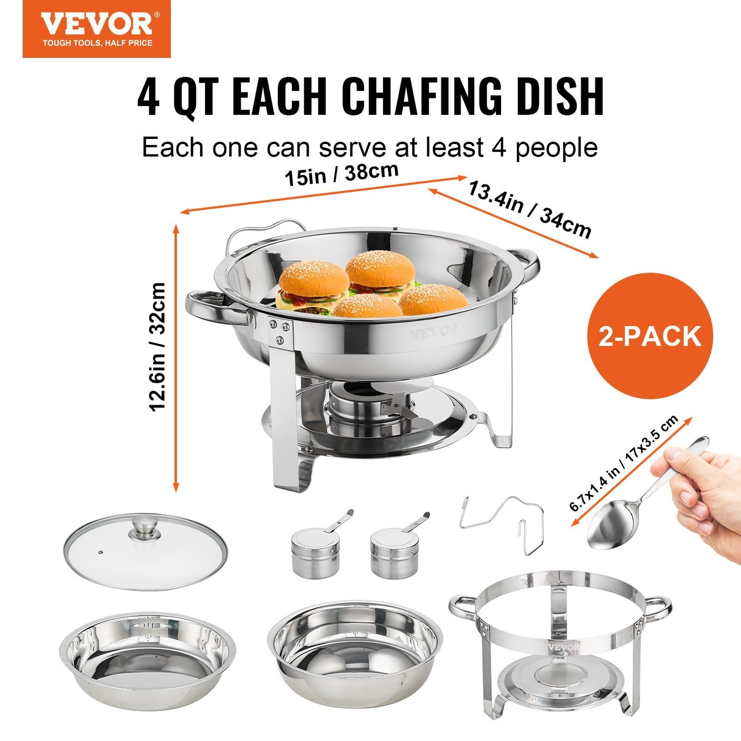 US Local VEVOR 2-Pack Round Chafing Dish Set With Full-Size 4Qt Pan Glass Lid Fuel Holder