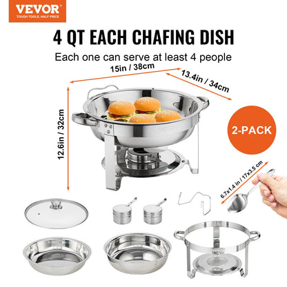 US Local VEVOR 2-Pack Round Chafing Dish Set With Full-Size 4Qt Pan Glass Lid Fuel Holder