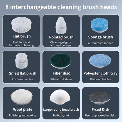 US Local Electric Spin Scrubber - 9 Replacement Brush Heads, 3 Adjustable Sizes, 8000mAh Battery, Dual Speeds,Lightweight USB Handheld Design For Home Cleaning