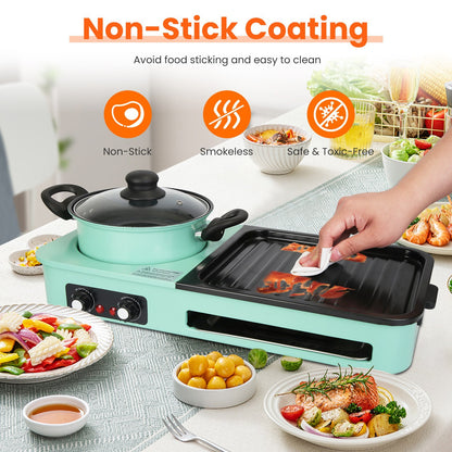 US Local 1 Pc 3 In 1 Electric Hot Pot With Grill 1600W Smokeless Non-Stick Korean BBQ Grill Shabu Shabu Hot Pot Combo With Independent Temperature Control For 3-5 People Fedex Shipping