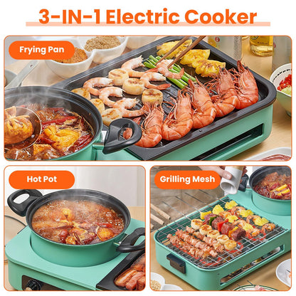 US Local 1 Pc 3 In 1 Electric Hot Pot With Grill 1600W Smokeless Non-Stick Korean BBQ Grill Shabu Shabu Hot Pot Combo With Independent Temperature Control For 3-5 People Fedex Shipping