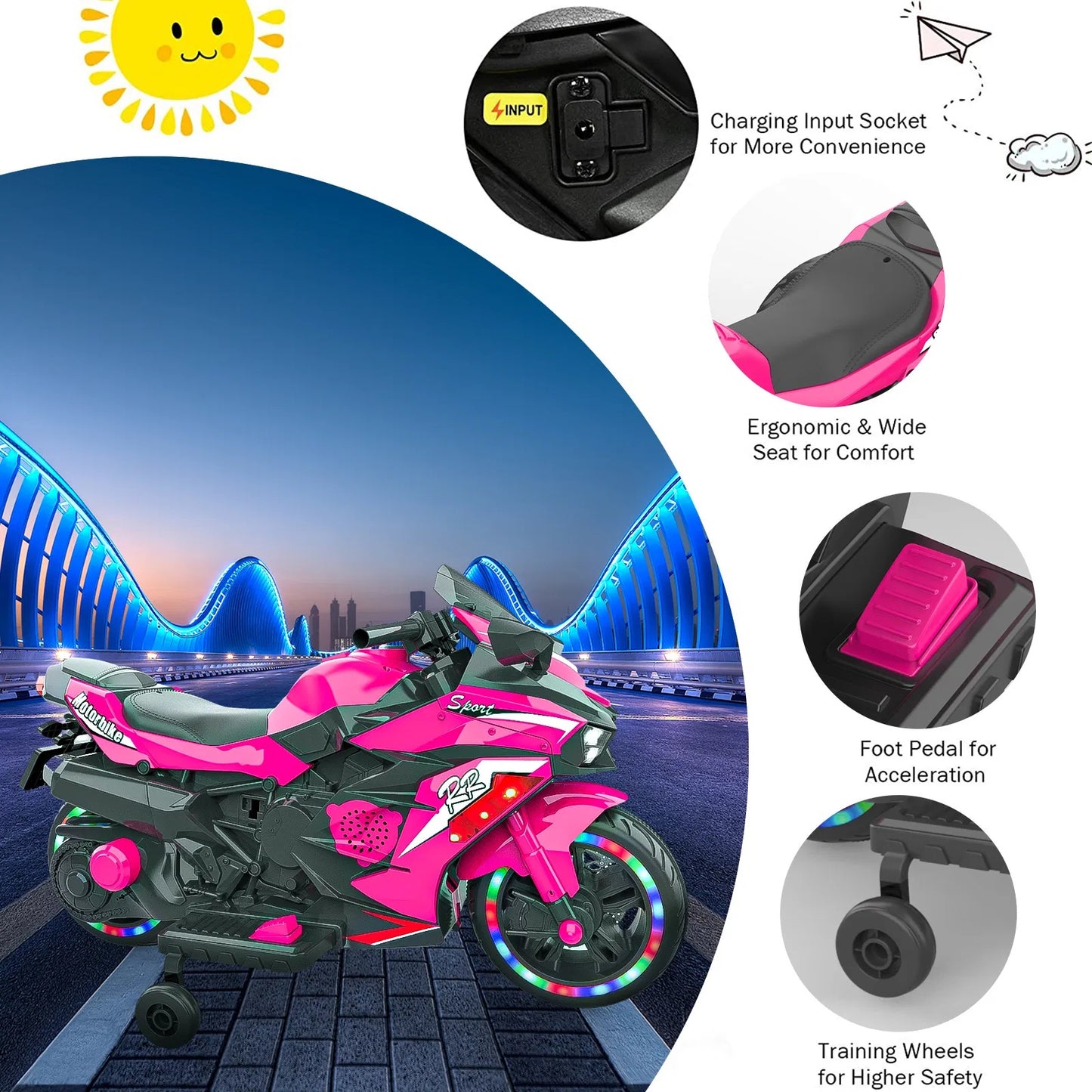 US Local Kids Powered Ride-ons Toy, Kids Motorcycle For 3-6 Years, 12V Electric Ride On Motorcycle With Light Wheel & Bluetooth Music-Pink