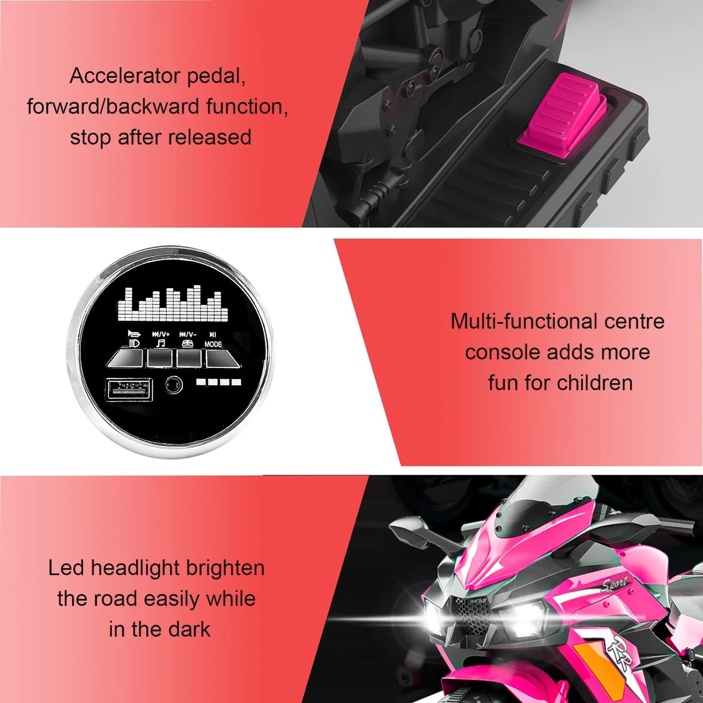 US Local Kids Powered Ride-ons Toy, Kids Motorcycle For 3-6 Years, 12V Electric Ride On Motorcycle With Light Wheel & Bluetooth Music-Pink