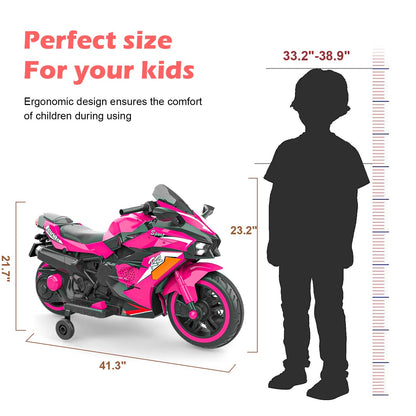 US Local Kids Powered Ride-ons Toy, Kids Motorcycle For 3-6 Years, 12V Electric Ride On Motorcycle With Light Wheel & Bluetooth Music-Pink