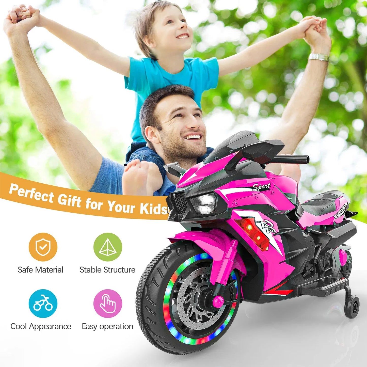 US Local Kids Powered Ride-ons Toy, Kids Motorcycle For 3-6 Years, 12V Electric Ride On Motorcycle With Light Wheel & Bluetooth Music-Pink