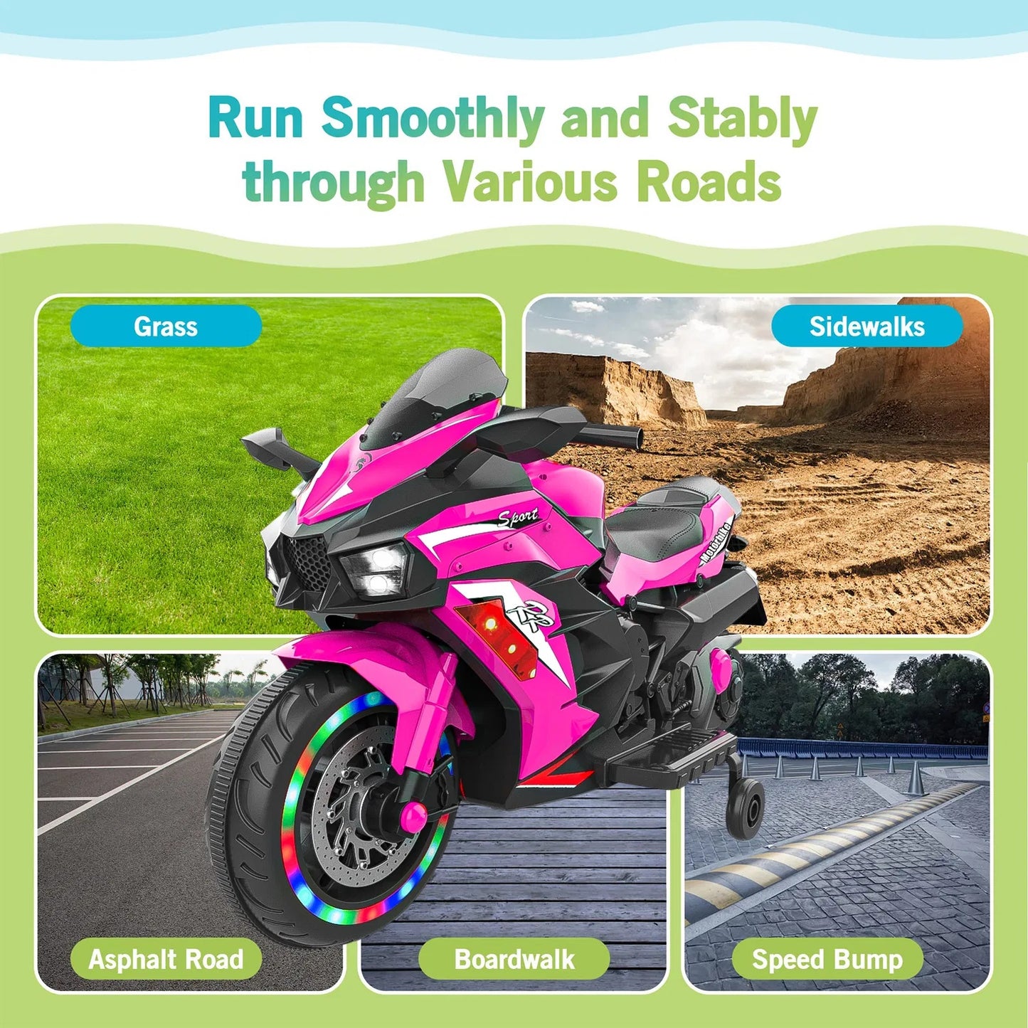 US Local Kids Powered Ride-ons Toy, Kids Motorcycle For 3-6 Years, 12V Electric Ride On Motorcycle With Light Wheel & Bluetooth Music-Pink