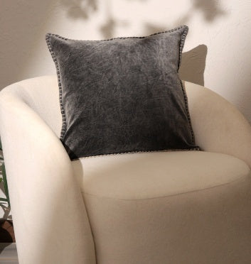 US Local Stonewashed Cotton Velvet Throw Pillow With Decorative Handstiched Edges-19X19 Inch
