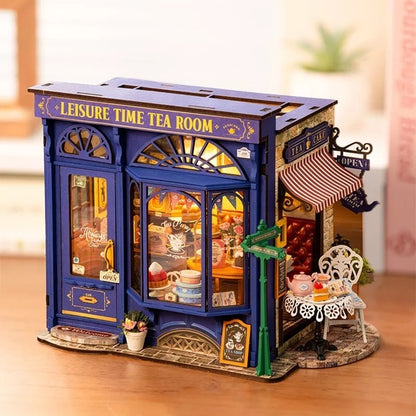 US Local ROBOTIME DIY Miniature Dollhouse Kit - Tea Room With LED Lights And Furniture, Wooden Model Building Set For Adults And Kids, Creative Gift For Leisure Time
