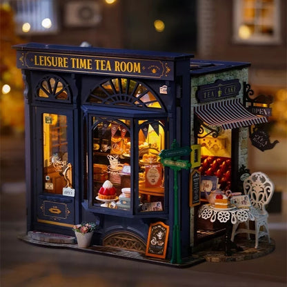 US Local ROBOTIME DIY Miniature Dollhouse Kit - Tea Room With LED Lights And Furniture, Wooden Model Building Set For Adults And Kids, Creative Gift For Leisure Time