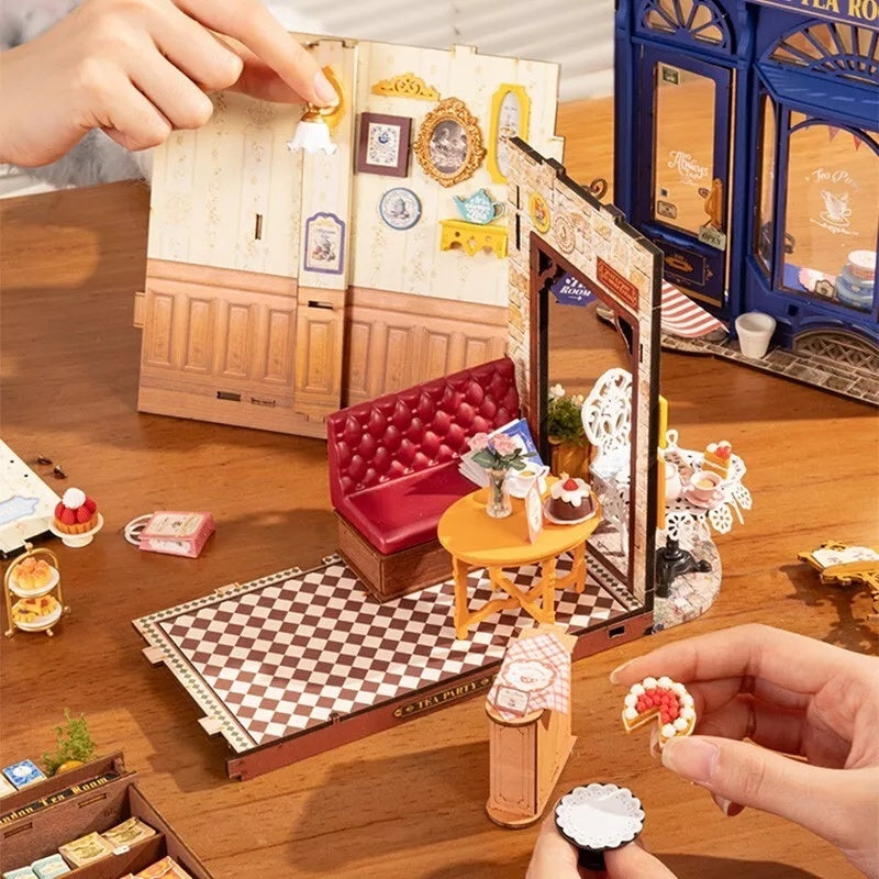 US Local ROBOTIME DIY Miniature Dollhouse Kit - Tea Room With LED Lights And Furniture, Wooden Model Building Set For Adults And Kids, Creative Gift For Leisure Time