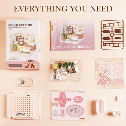 US Local ROBOTIME DIY Miniature House Kit Dollhouse Model Building Craft Kit Birthday Creative Gifts For Adults Kids Girls Boys Pop-Bubble Bathroom