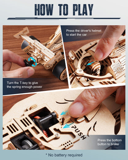 US Local ROBOTIME 3D Wooden Puzzle Racing Car Model Kits With Mechanical Roaring Engine