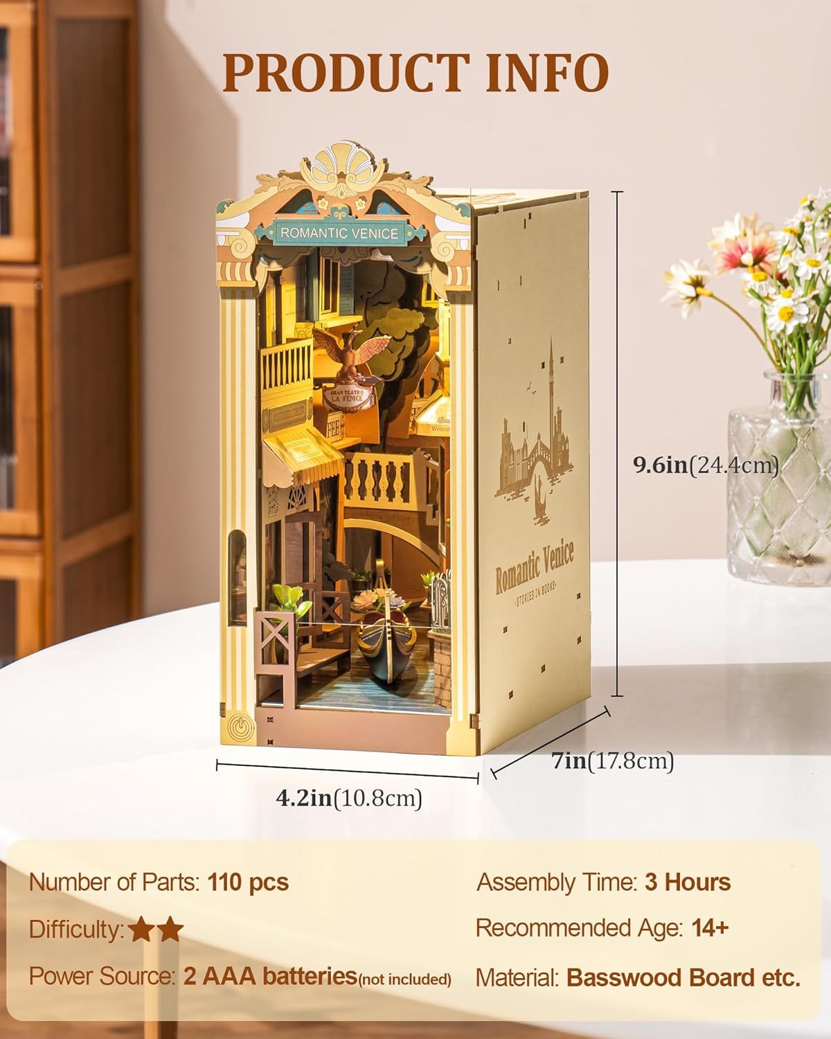 US Local ROBOTIME Book Nook Kits For Adults Romantic Venice With Dust Cover, Booknook DIY Miniature House Kit 3D Wooden Puzzle Bookend Bookshelf Decoration Gifts TGB08