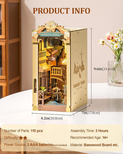 US Local ROBOTIME Book Nook Kits For Adults Romantic Venice With Dust Cover, Booknook DIY Miniature House Kit 3D Wooden Puzzle Bookend Bookshelf Decoration Gifts TGB08