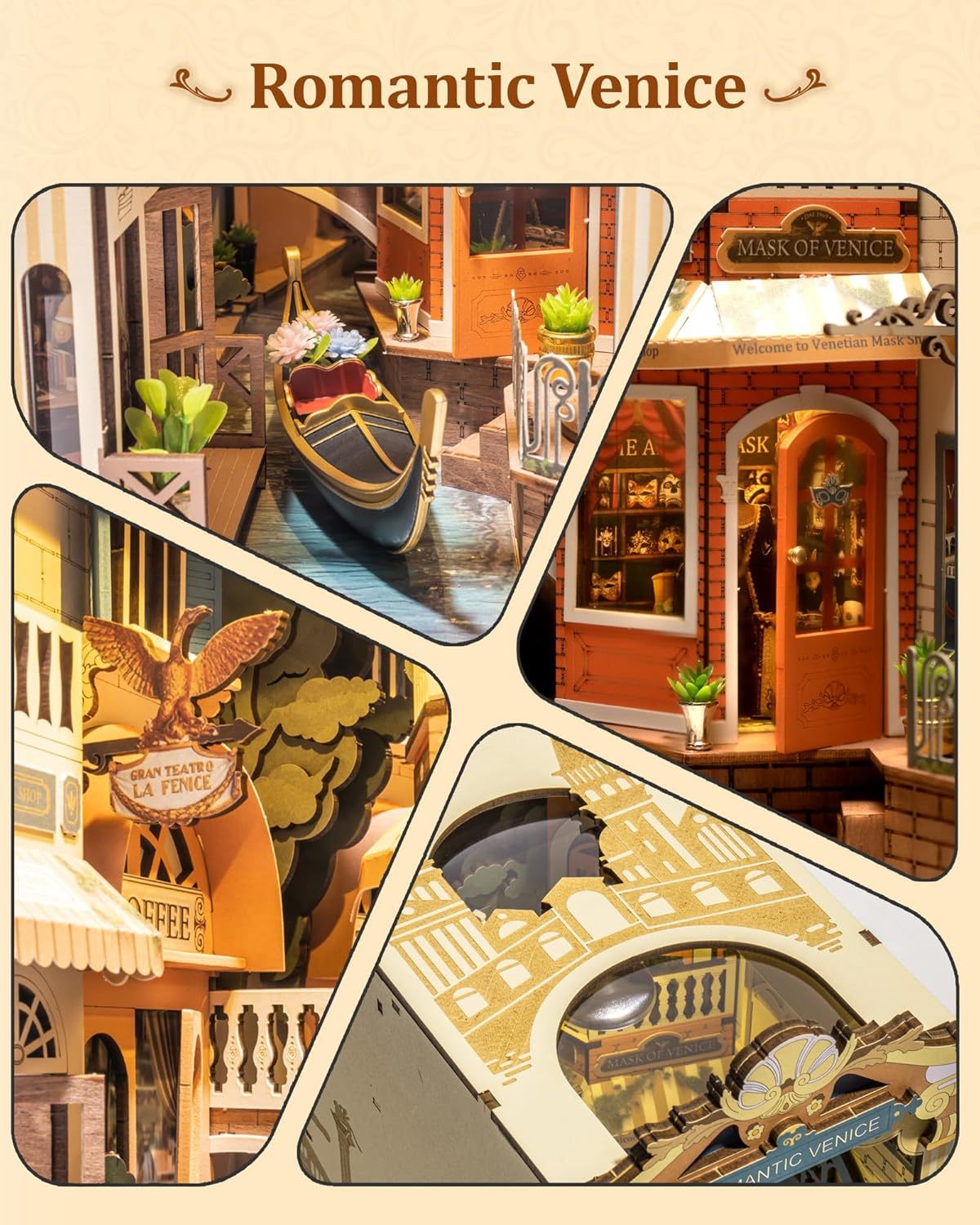 US Local ROBOTIME Book Nook Kits For Adults Romantic Venice With Dust Cover, Booknook DIY Miniature House Kit 3D Wooden Puzzle Bookend Bookshelf Decoration Gifts TGB08