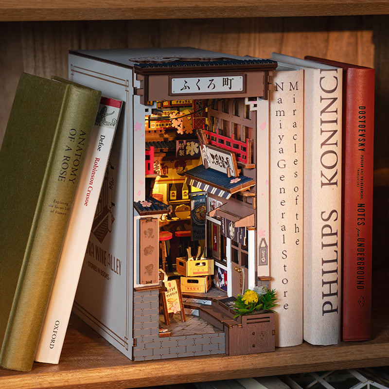 US Local ROBOTIME DIY Book Nook Kit - Sakura Wine Alley With LED Lights, 3D Wooden Miniature Dollhouse Puzzle, Creative Bookend Bookshelf Decor, Unique Gift For Adults