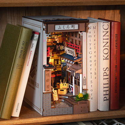 US Local ROBOTIME DIY Book Nook Kit - Sakura Wine Alley With LED Lights, 3D Wooden Miniature Dollhouse Puzzle, Creative Bookend Bookshelf Decor, Unique Gift For Adults