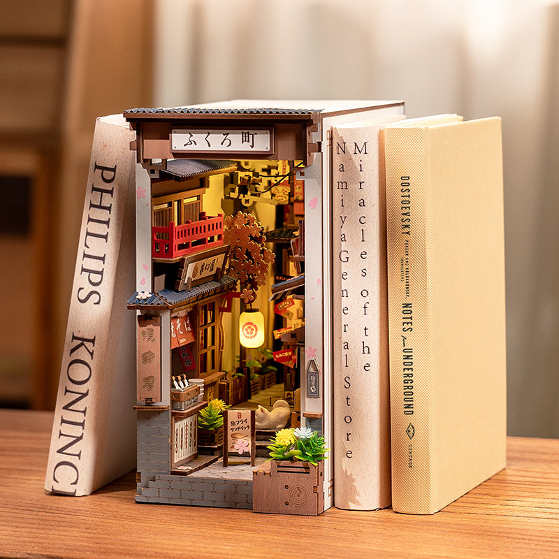 US Local ROBOTIME DIY Book Nook Kit - Sakura Wine Alley With LED Lights, 3D Wooden Miniature Dollhouse Puzzle, Creative Bookend Bookshelf Decor, Unique Gift For Adults