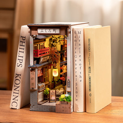 US Local ROBOTIME DIY Book Nook Kit - Sakura Wine Alley With LED Lights, 3D Wooden Miniature Dollhouse Puzzle, Creative Bookend Bookshelf Decor, Unique Gift For Adults