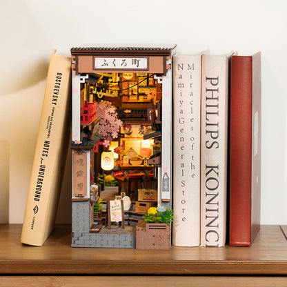 US Local ROBOTIME DIY Book Nook Kit - Sakura Wine Alley With LED Lights, 3D Wooden Miniature Dollhouse Puzzle, Creative Bookend Bookshelf Decor, Unique Gift For Adults