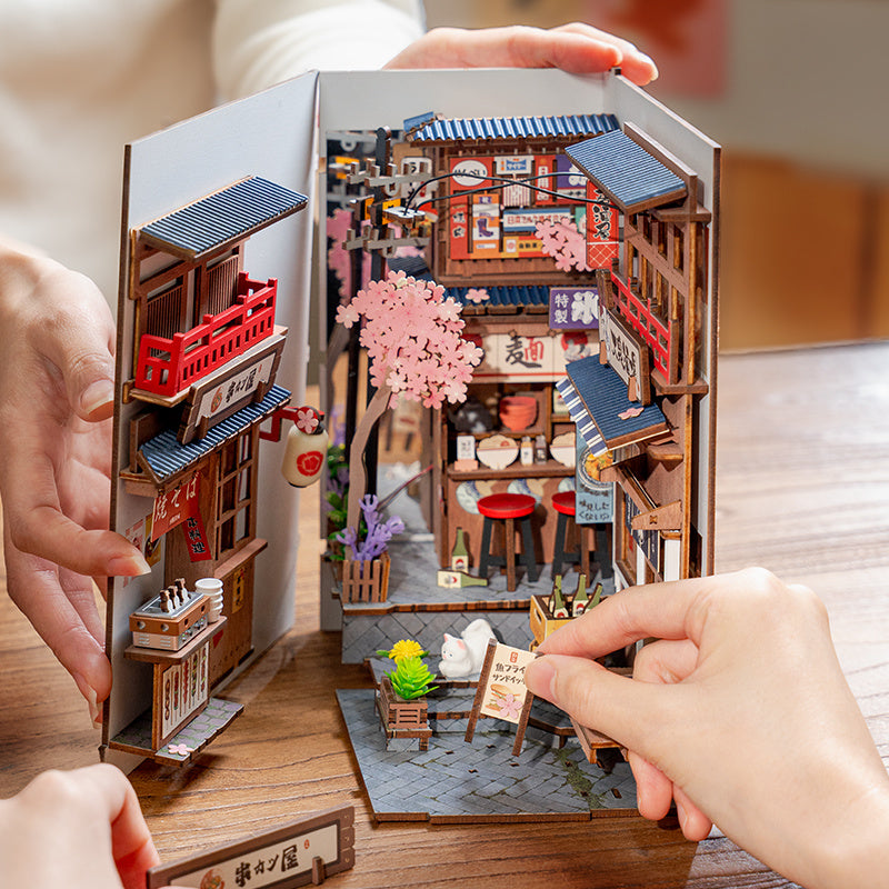 US Local ROBOTIME DIY Book Nook Kit - Sakura Wine Alley With LED Lights, 3D Wooden Miniature Dollhouse Puzzle, Creative Bookend Bookshelf Decor, Unique Gift For Adults