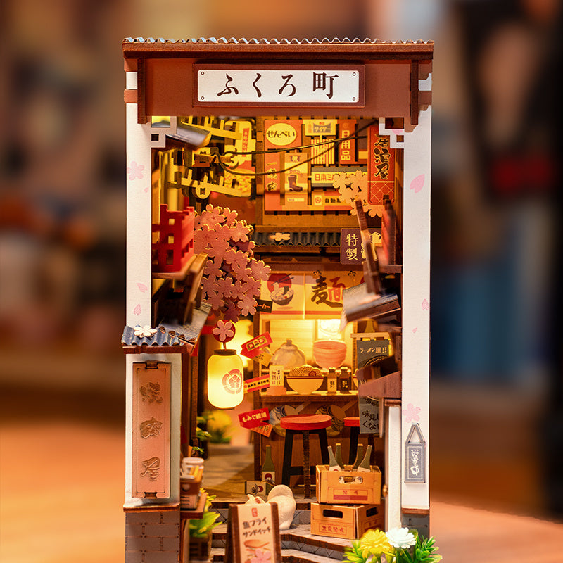US Local ROBOTIME DIY Book Nook Kit - Sakura Wine Alley With LED Lights, 3D Wooden Miniature Dollhouse Puzzle, Creative Bookend Bookshelf Decor, Unique Gift For Adults