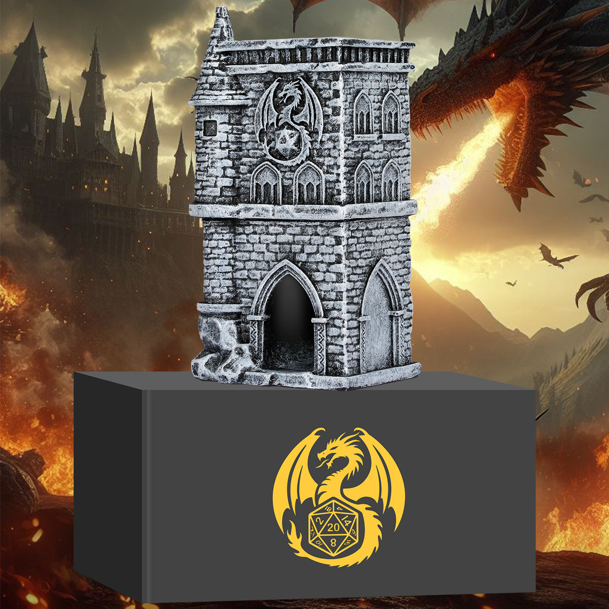 US Local D20 Castle Resin Dice Tower Gift Box Set , Exquisite Medieval , Inspired Design, Ideal For Tabletop RPG Enthusiasts. Perfect For Adding A Touch Of Fantasy To D&D And Other Role - Playing Games.