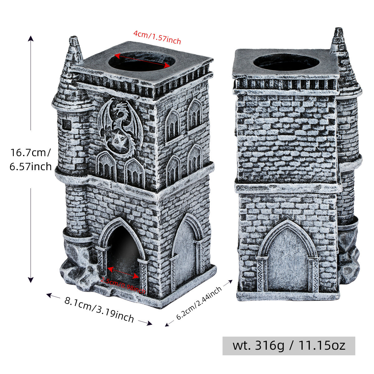 US Local D20 Castle Resin Dice Tower Gift Box Set , Exquisite Medieval , Inspired Design, Ideal For Tabletop RPG Enthusiasts. Perfect For Adding A Touch Of Fantasy To D&D And Other Role - Playing Games.