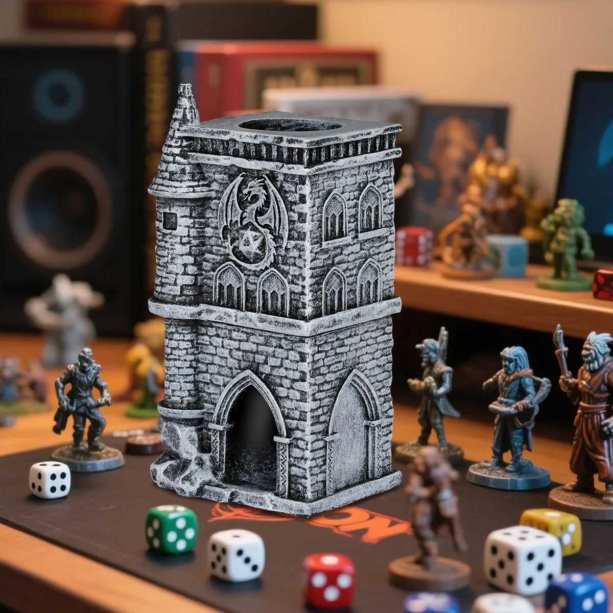 US Local D20 Castle Resin Dice Tower Gift Box Set , Exquisite Medieval , Inspired Design, Ideal For Tabletop RPG Enthusiasts. Perfect For Adding A Touch Of Fantasy To D&D And Other Role - Playing Games.