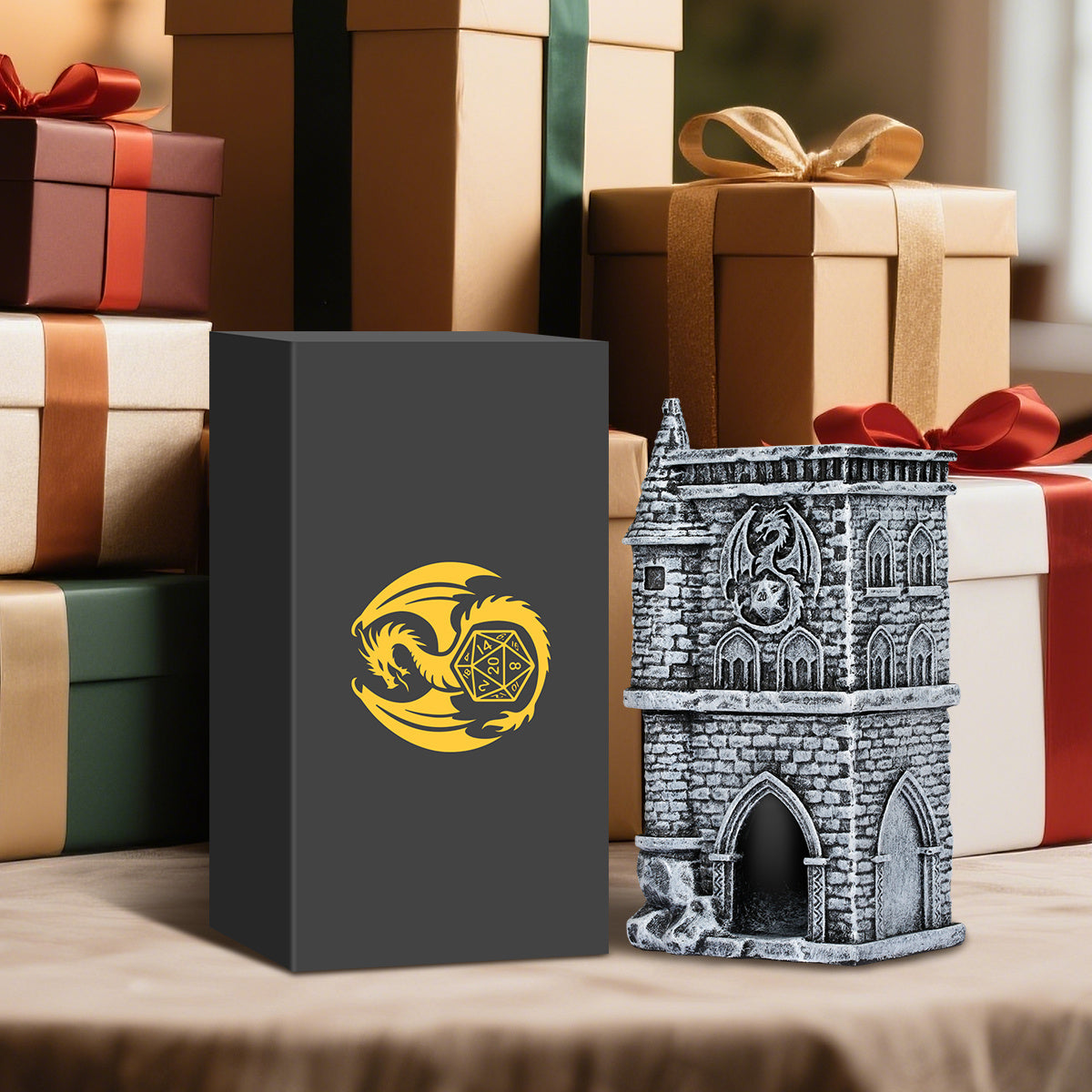 US Local D20 Castle Resin Dice Tower Gift Box Set , Exquisite Medieval , Inspired Design, Ideal For Tabletop RPG Enthusiasts. Perfect For Adding A Touch Of Fantasy To D&D And Other Role - Playing Games.