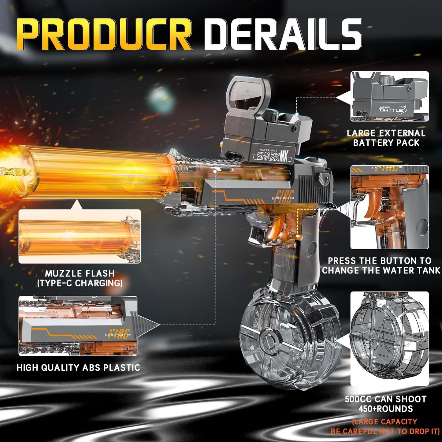 US Local Black And Blue Desert Eagle Linkage Electric Water Gun With Flame Backlight Effect, Suitable For Summer Water Activities, Super Fun