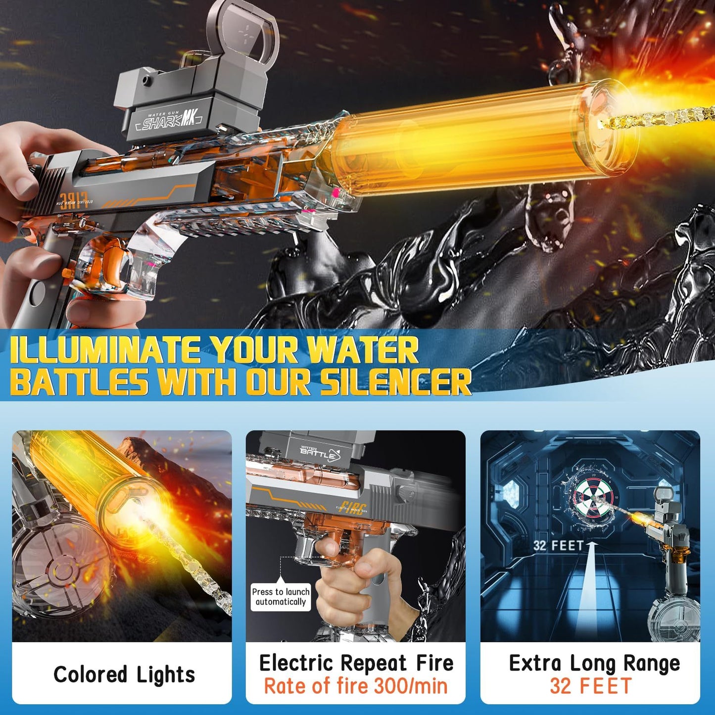 US Local Black And Blue Desert Eagle Linkage Electric Water Gun With Flame Backlight Effect, Suitable For Summer Water Activities, Super Fun