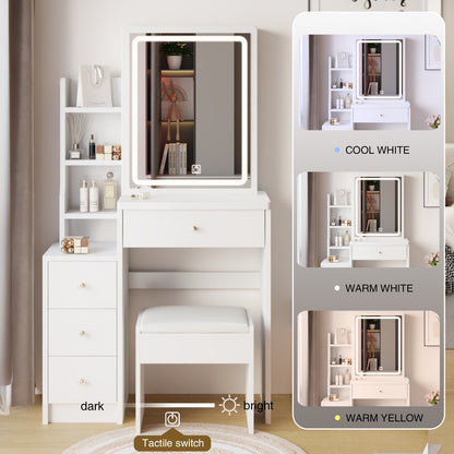 US Local Small Size Left Bedside Cabinet Vanity Table  Cushioned Stool, Extra Large Touch Control Sliding LE