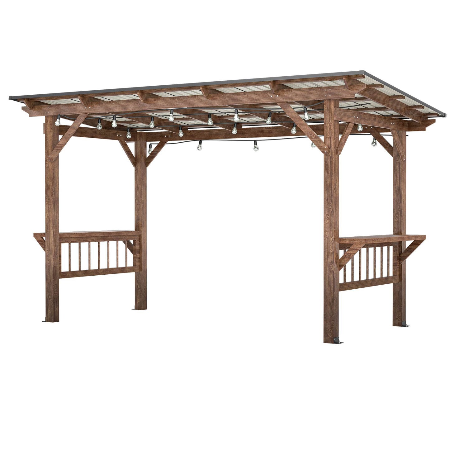 US Local 13X 6.5 Ft Wooden Pergola Grill Gazebo With Metal Roof & Bulbs & Bar Counters