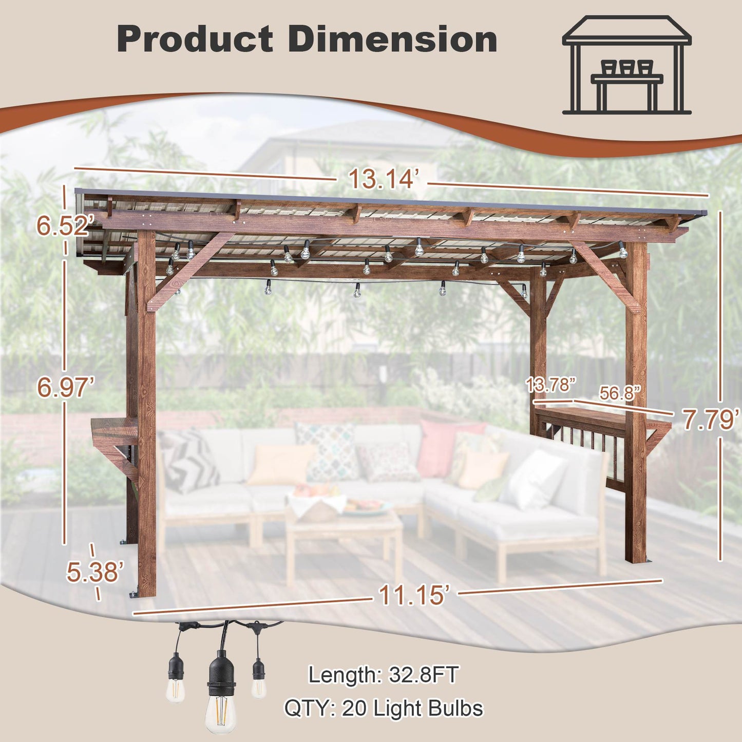 US Local 13X 6.5 Ft Wooden Pergola Grill Gazebo With Metal Roof & Bulbs & Bar Counters