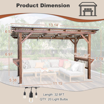 US Local 13X 6.5 Ft Wooden Pergola Grill Gazebo With Metal Roof & Bulbs & Bar Counters