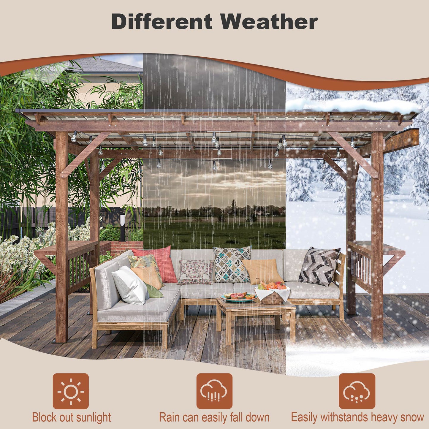 US Local 13X 6.5 Ft Wooden Pergola Grill Gazebo With Metal Roof & Bulbs & Bar Counters