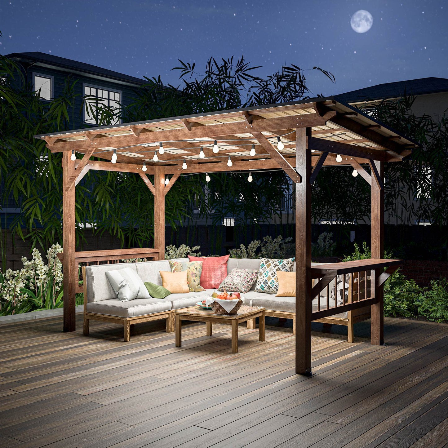 US Local 13X 6.5 Ft Wooden Pergola Grill Gazebo With Metal Roof & Bulbs & Bar Counters