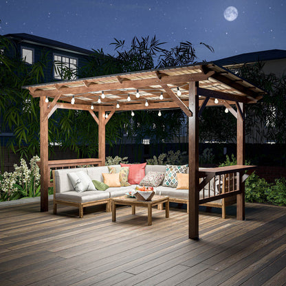 US Local 13X 6.5 Ft Wooden Pergola Grill Gazebo With Metal Roof & Bulbs & Bar Counters