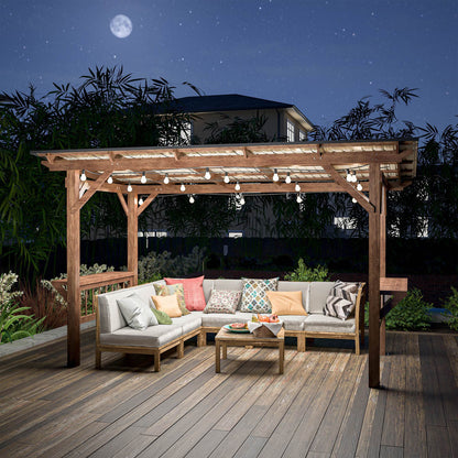 US Local 13X 6.5 Ft Wooden Pergola Grill Gazebo With Metal Roof & Bulbs & Bar Counters