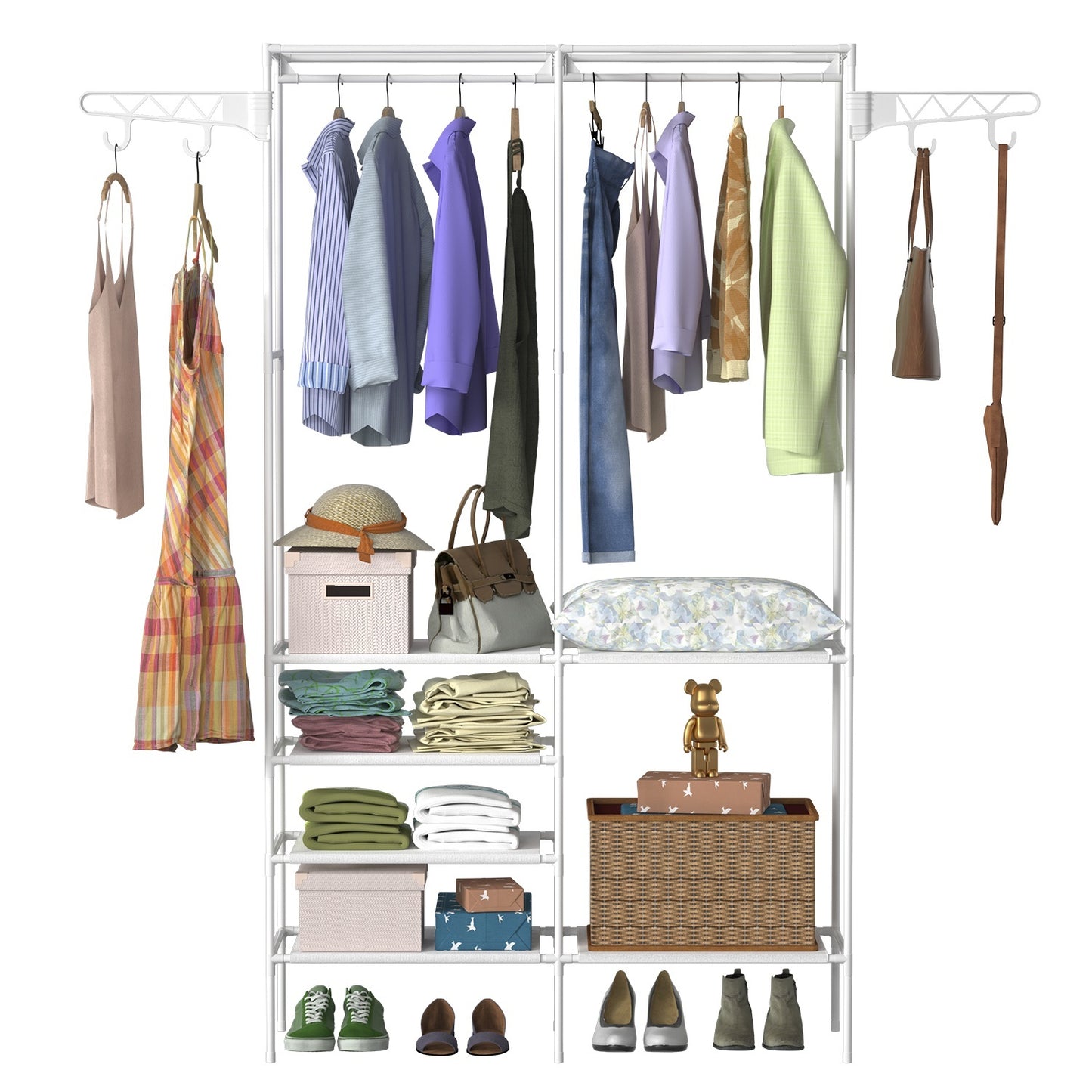 US Local 1Pc Metal Garment Rack Shoe Clothing Organizer Shelves Freestanding Multifunctional Clothes Wardrobe