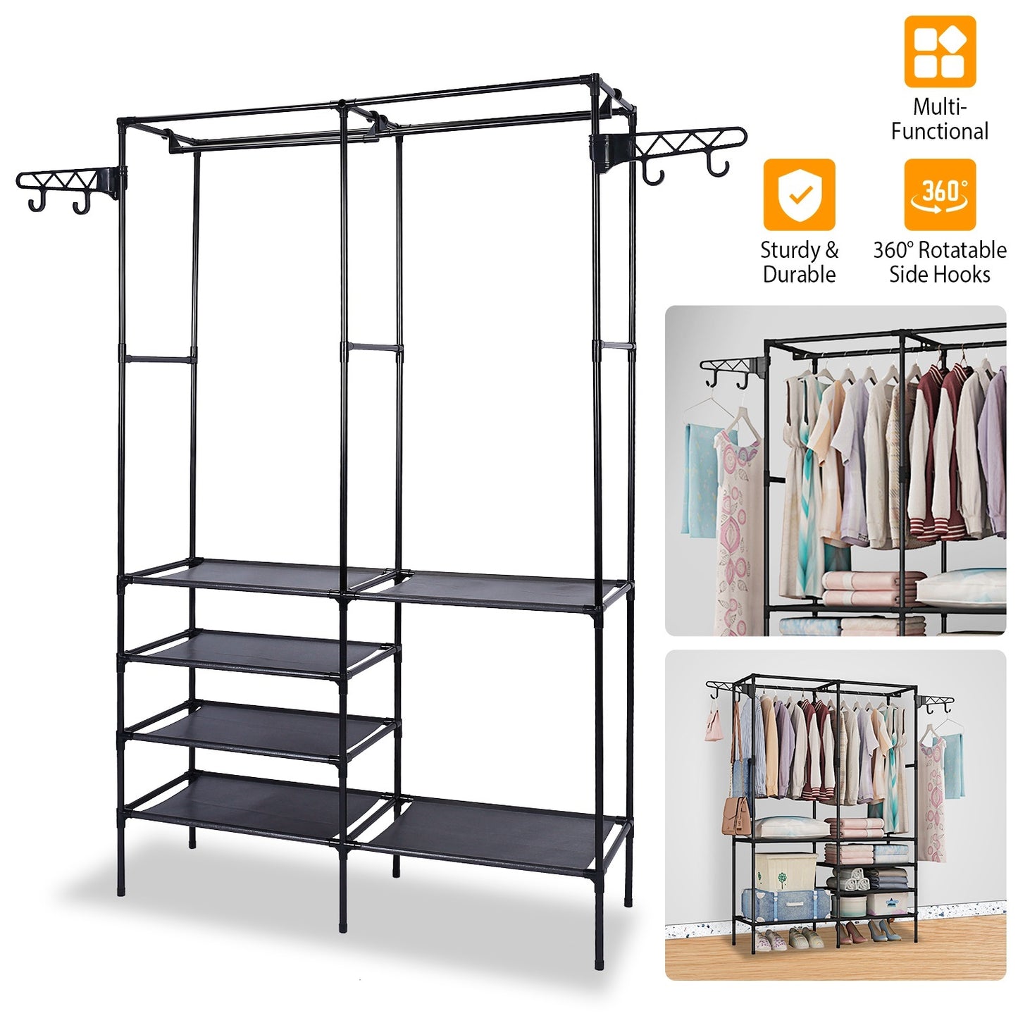 US Local 1Pc Metal Garment Rack Shoe Clothing Organizer Shelves Freestanding Multifunctional Clothes Wardrobe